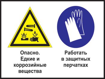 Кз 64 опасно - едкие и коррозийные вещества. работать в защитных перчатках. (пленка, 600х400 мм) - Знаки безопасности - Комбинированные знаки безопасности - vektorb.ru