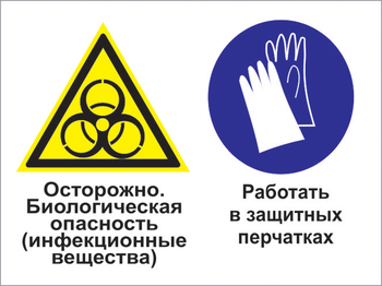 Кз 73 осторожно - биологическая опасность (инфекционные вещества). работать в защитных перчатках. (пластик, 400х300 мм) - Знаки безопасности - Комбинированные знаки безопасности - vektorb.ru