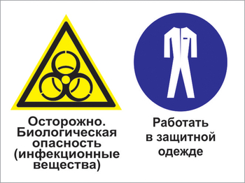 Кз 72 осторожно - биологическая опасность (инфекционные вещества). работать в защитной одежде. (пленка, 400х300 мм) - Знаки безопасности - Комбинированные знаки безопасности - vektorb.ru
