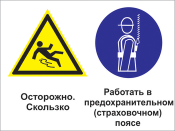 Кз 70 осторожно - скользко. работать в предохранительном (страховочном) поясе. (пластик, 400х300 мм) - Знаки безопасности - Комбинированные знаки безопасности - vektorb.ru
