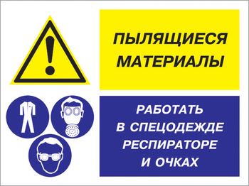 Кз 87 пылящиеся материалы - работать в спецодежде, респираторе и очках. (пластик, 600х400 мм) - Знаки безопасности - Комбинированные знаки безопасности - vektorb.ru