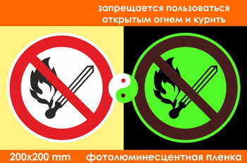 P02 запрещается пользоваться открытым огнем и курить (фотолюминесцентная пленка, 200х200 мм) - Знаки безопасности - Фотолюминесцентные знаки - vektorb.ru